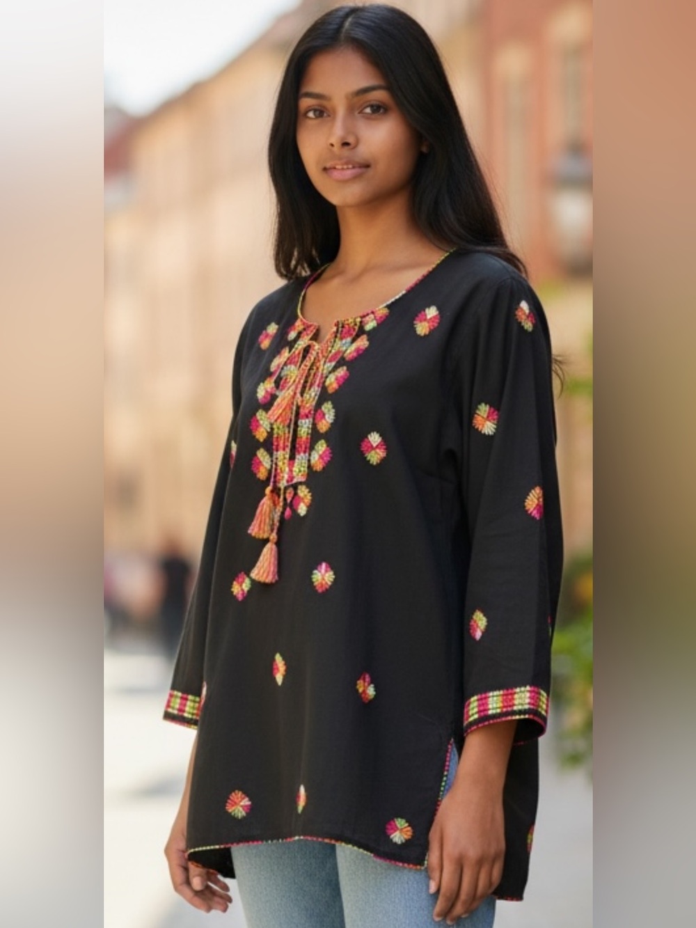 Men's Mahal Women's Embroidered Boho Tunic Top – Black w/ Multicolor Detail ✨